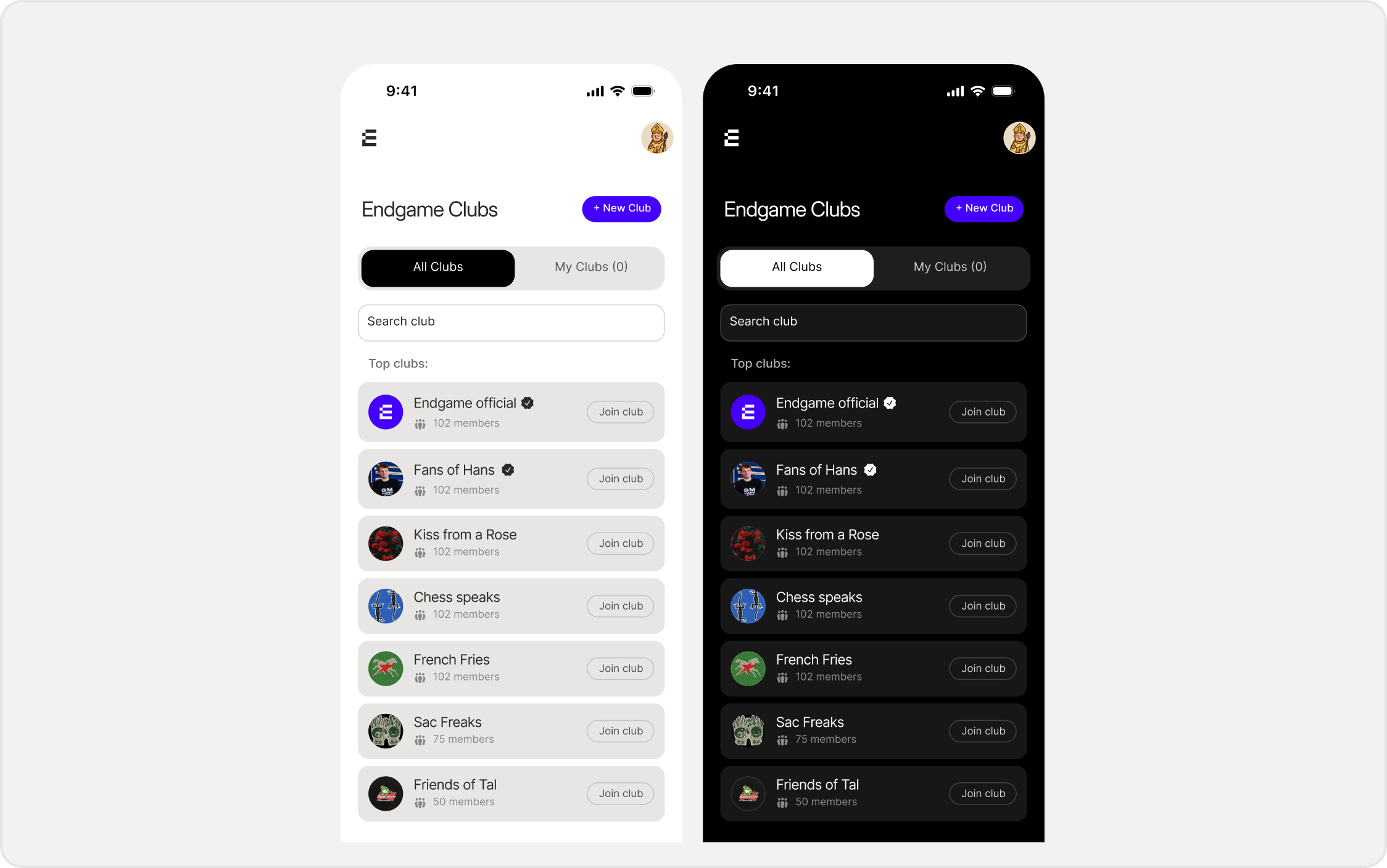 Endgame Clubs on mobile in light and dark